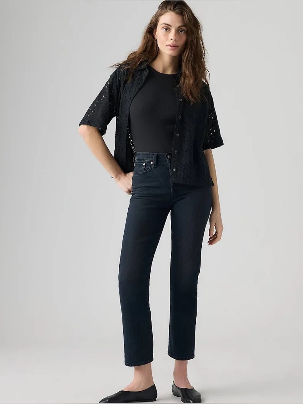 Levi's Wedgie Straight Jeans Womens 26 Black Cropped Denim Button Fly Stretch